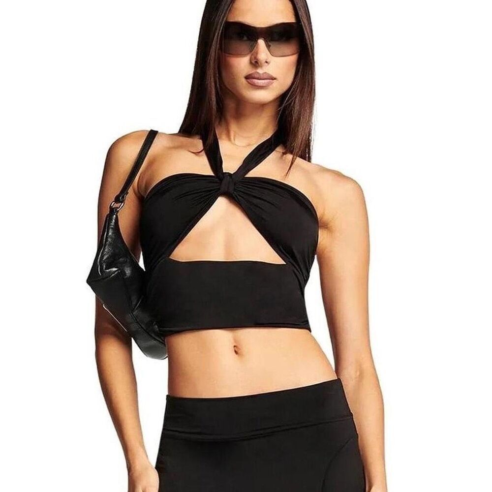 I.AM.GIA Black Ruched Halter Cutout Crop Top - XS